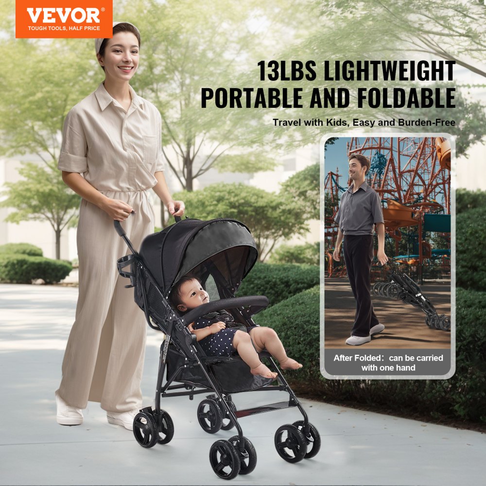 VEVOR Lightweight Stroller, Compact Easy Fold MultiPosition Recline Canopy Backrest, Carbon Steel Frame, Large Storage Basket,Cup Holder, Umbrella Toddler Baby Stroller for Travel and More, Black