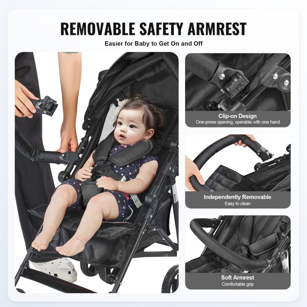 VEVOR Lightweight Stroller, Compact Easy Fold MultiPosition Recline Canopy Backrest, Carbon Steel Frame, Large Storage Basket,Cup Holder, Umbrella Toddler Baby Stroller for Travel and More, Black