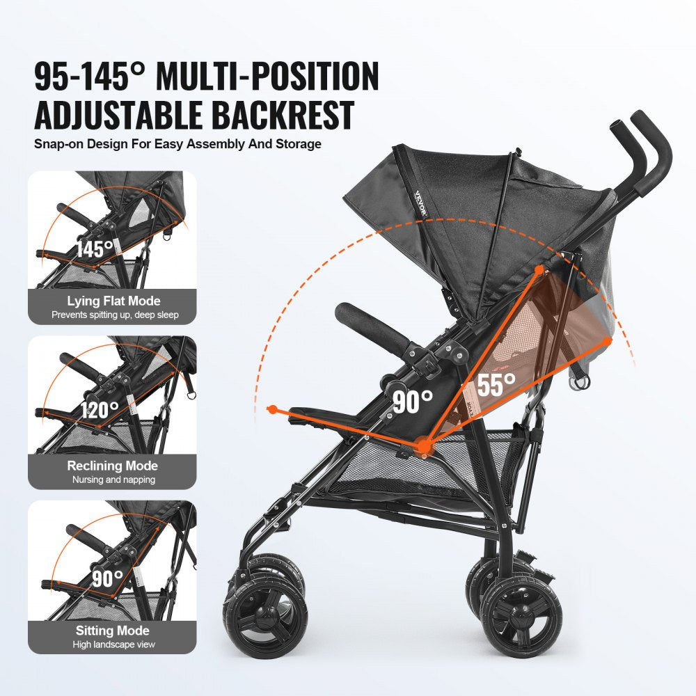 VEVOR Lightweight Stroller, Compact Easy Fold MultiPosition Recline Canopy Backrest, Carbon Steel Frame, Large Storage Basket,Cup Holder, Umbrella Toddler Baby Stroller for Travel and More, Black
