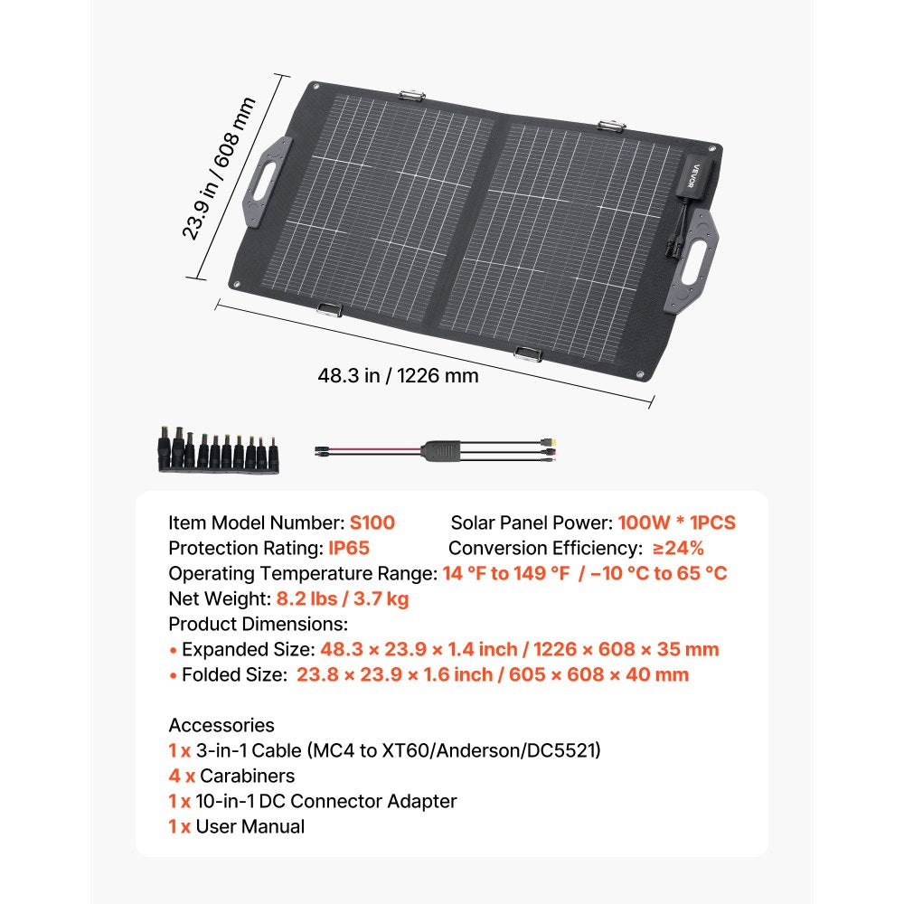 VEVOR 100W Bifacial Solar Panel, 16BB N-Type Foldable Monocrystalline Solar Panel Charger 24% Efficiency, Portable with MC4 Output, USB-A (QC3.0), Type-C & DC Ports for Power Stations Camping Hiking