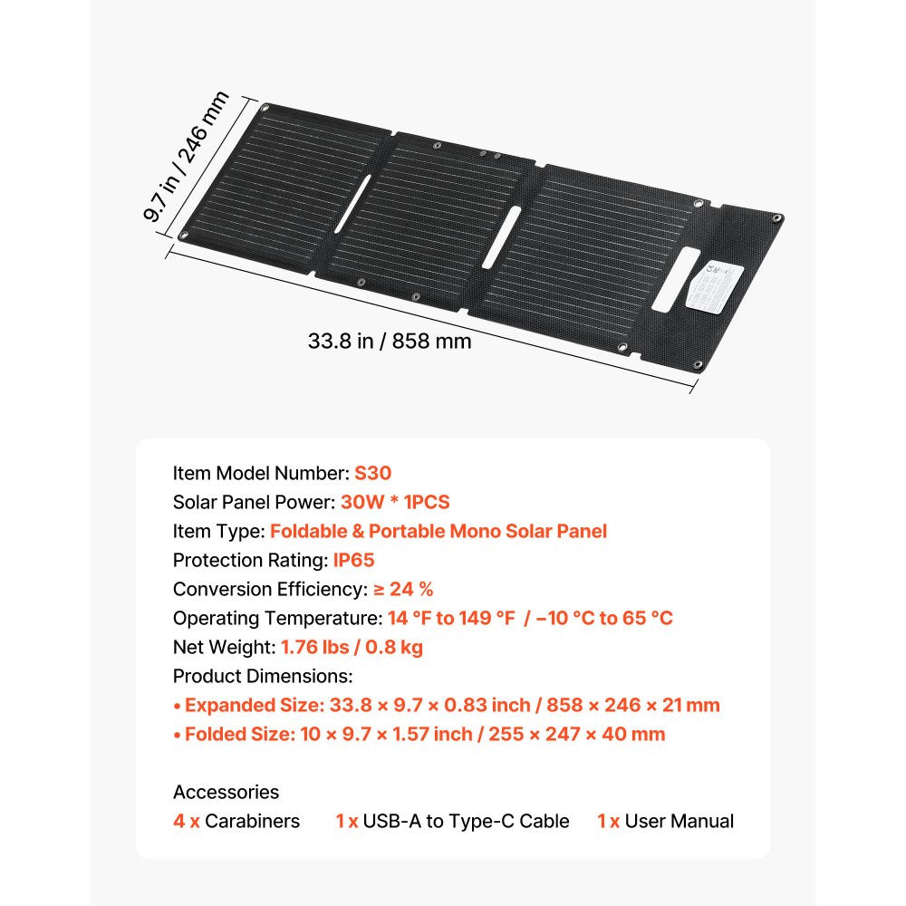 VEVOR 30W Foldable Solar Panel Charger, 16BB N-Type Monocrystalline Solar Panel 24% Efficiency, Ultra-Light Portable with USB-A, USB-A (QC3.0) & Type-C Ports for Camping, Backpacking, Phones, Tablets