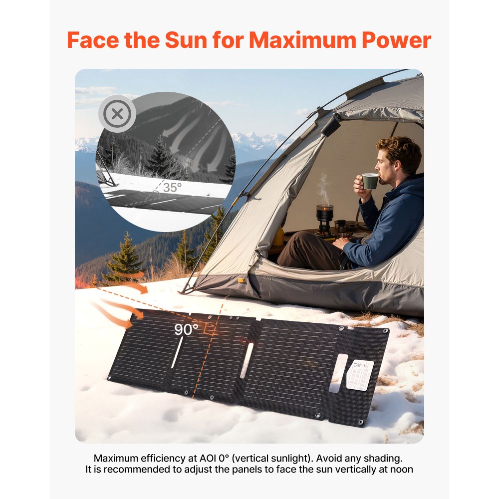 VEVOR 30W Foldable Solar Panel Charger, 16BB N-Type Monocrystalline Solar Panel 24% Efficiency, Ultra-Light Portable with USB-A, USB-A (QC3.0) & Type-C Ports for Camping, Backpacking, Phones, Tablets