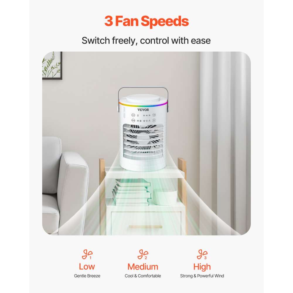 VEVOR Portable Air Conditioner, 4-in-1 Evaporative Air Cooler, 3-Speed Mini Air Conditioner with Smart Timer, 600ml Water Tank, 7-Color Light, Personal Mini Desk AC Fan for Bedroom Office Room