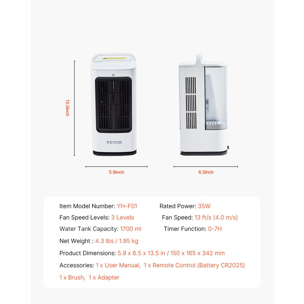 VEVOR Portable Air Conditioner, 4-in-1 Evaporative Air Cooler, 3-Speed Mini Air Conditioner with 0-7H Smart Timer, 1700ml Water Tank, 7-Color Light, Personal Mini Desk AC Fan for Bedroom Office Room