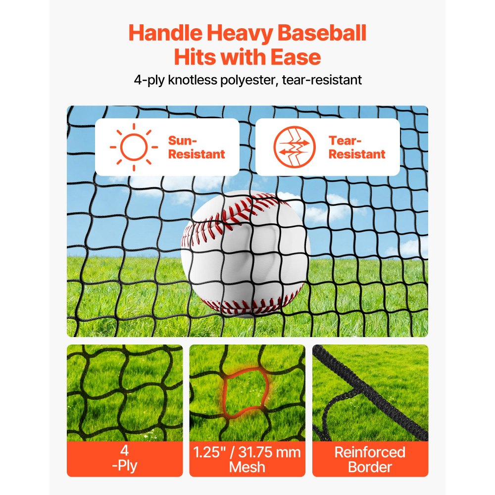 VEVOR Baseball Batting Cage, 12 x 10.2 x 7.6 FT Freestanding Hitting Net, for Outdoor Practice, 4-Ply Knotless Polyester Netting, Pitching Machine Opening, Baseball Hitting Trainer for Backyards