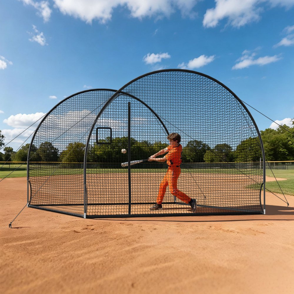 VEVOR Baseball Batting Cage, 12 x 10.2 x 7.6 FT Freestanding Hitting Net, for Outdoor Practice, 4-Ply Knotless Polyester Netting, Pitching Machine Opening, Baseball Hitting Trainer for Backyards