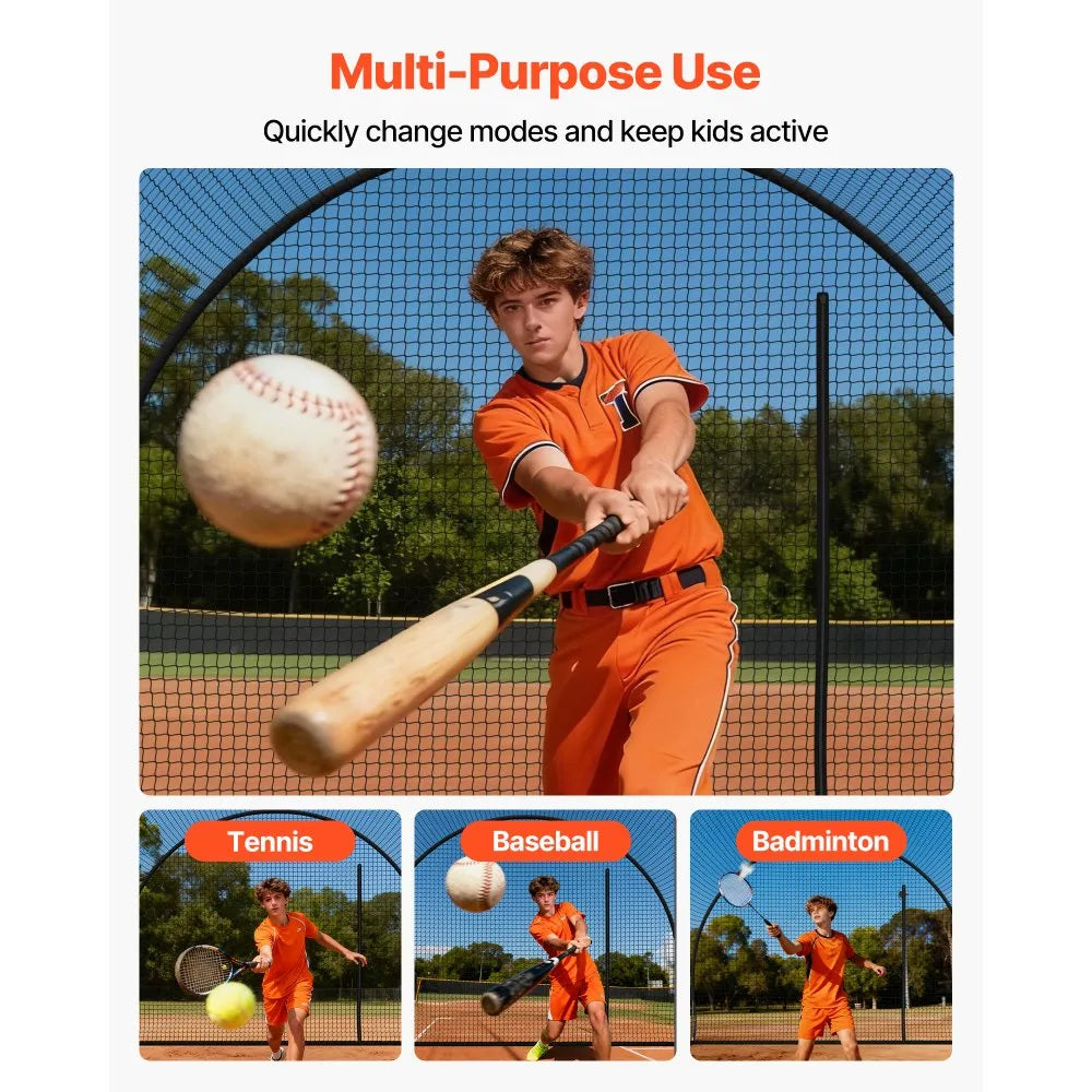 VEVOR Baseball Batting Cage, 12.0 x 10.2 x 7.6 FT Freestanding Portable Batting Cage, Hitting Cages with 4-Ply Knotless Polyester & Pitching Machine Opening, Battings Cages Netting for Indoor Outdoor