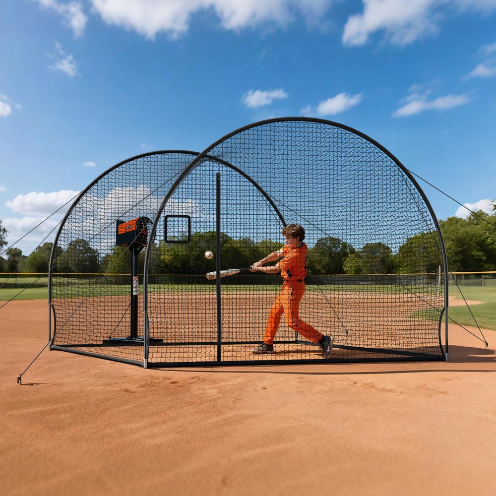 VEVOR Baseball Batting Cage, 12.0 x 10.2 x 7.6 FT Freestanding Portable Batting Cage, Hitting Cages with 4-Ply Knotless Polyester & Pitching Machine Opening, Battings Cages Netting for Indoor Outdoor