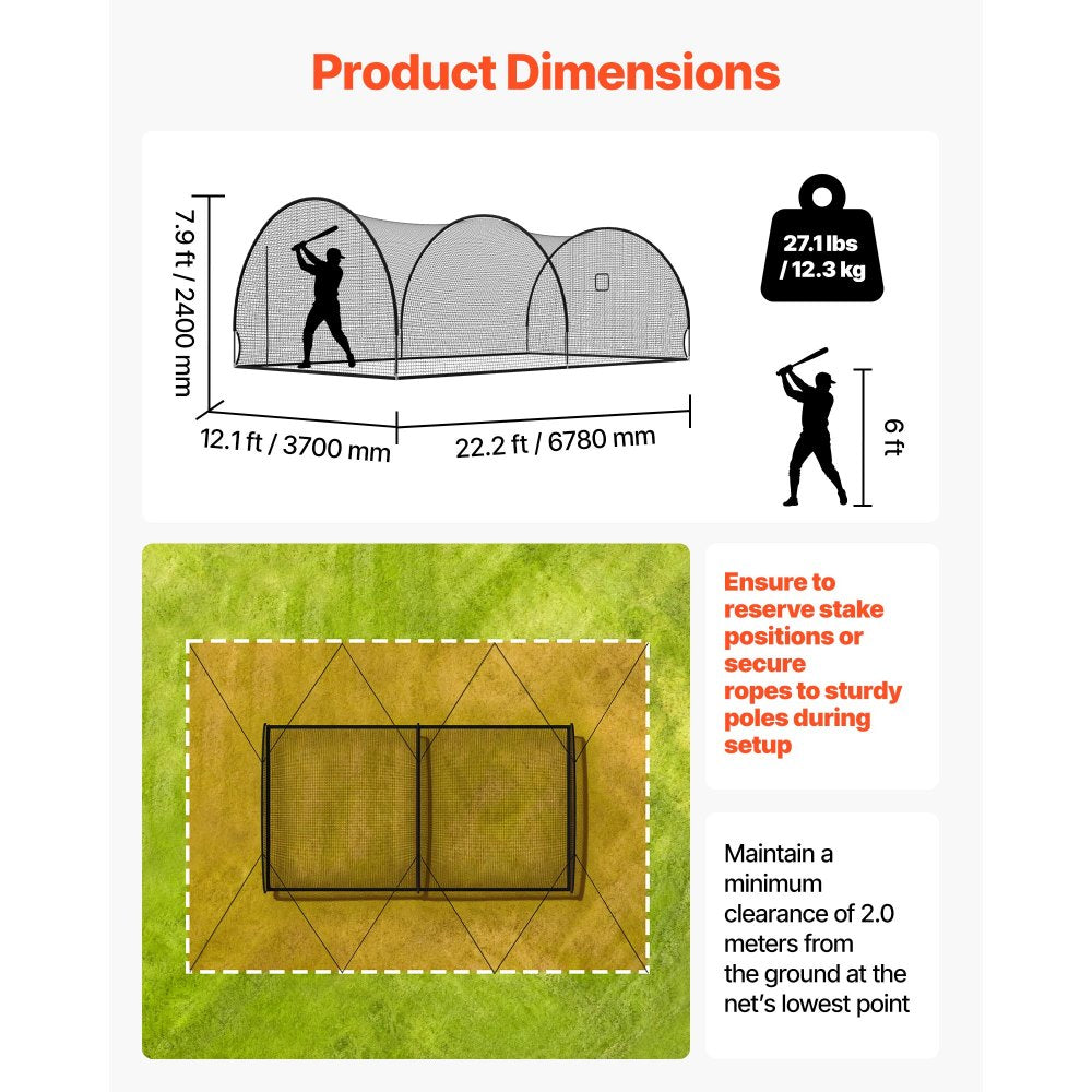 VEVOR Baseball Batting Cage, 22.2 x 12.1 x 7.9 FT Freestanding Portable Batting Cage, Hitting Cages with 4-Ply Knotless Polyester & Pitching Machine Opening, Battings Cages Netting for Indoor Outdoor