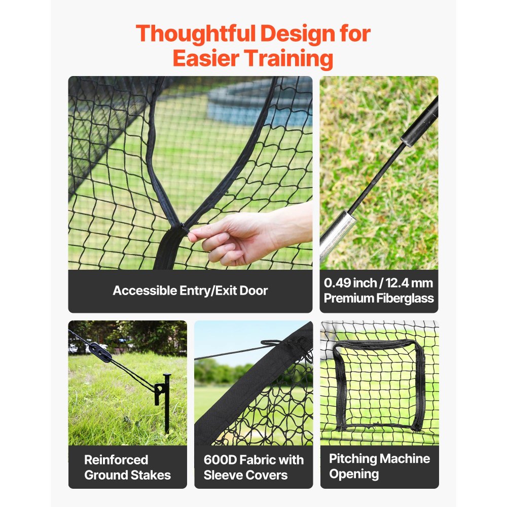 VEVOR Baseball Batting Cage, 22.2 x 12.1 x 7.9 FT Freestanding Portable Batting Cage, Hitting Cages with 4-Ply Knotless Polyester & Pitching Machine Opening, Battings Cages Netting for Indoor Outdoor