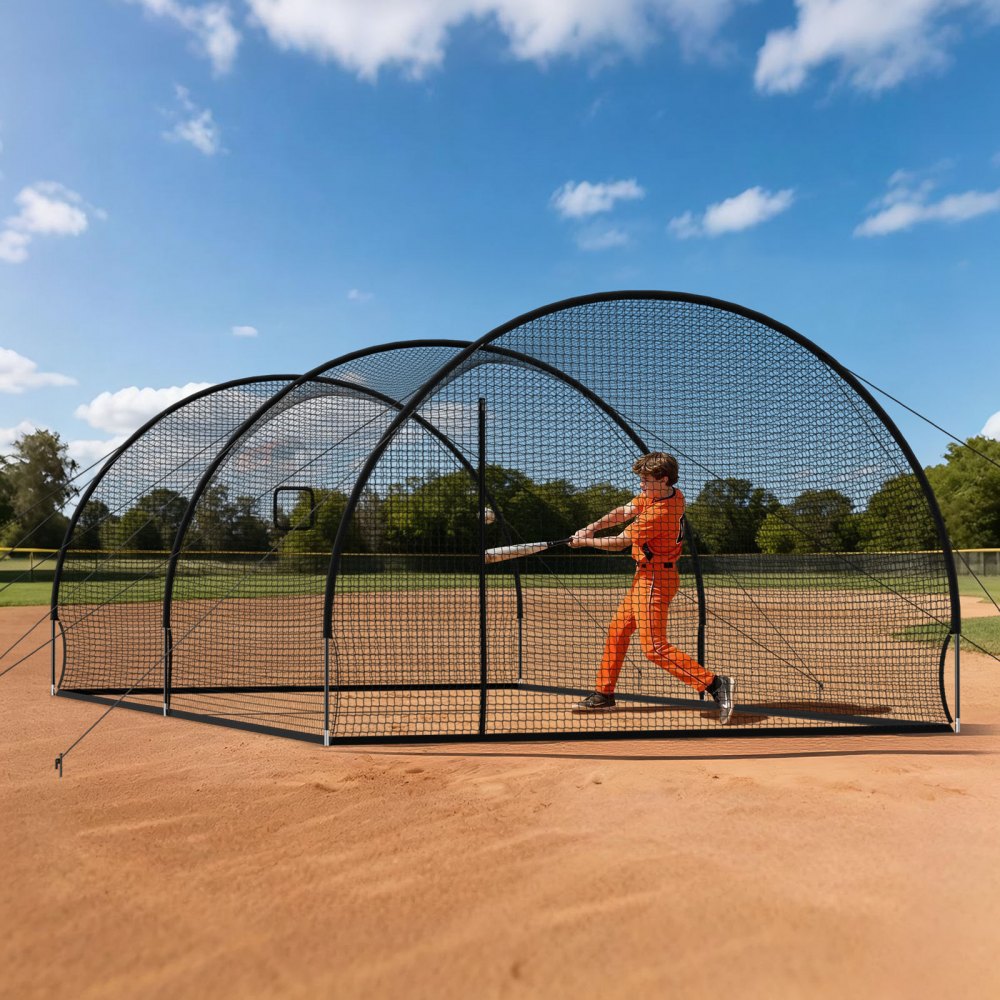 VEVOR Baseball Batting Cage, 22.2 x 12.1 x 7.9 FT Freestanding Hitting Net, for Indoor Outdoor Practice, 4-Ply Knotless Polyester Netting, Pitching Machine Opening, Baseball Hitting Trainer for Team