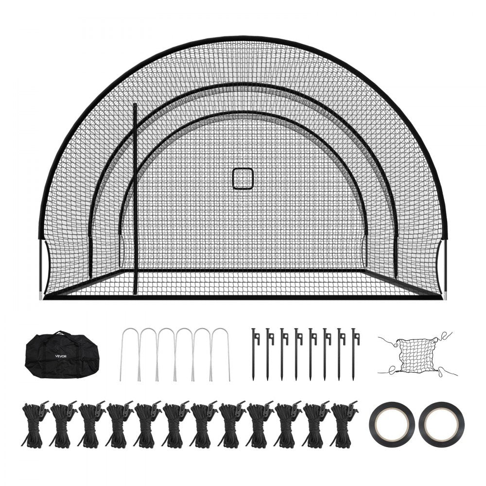 VEVOR Baseball Batting Cage, 22.2 x 12.1 x 7.9 FT Freestanding Hitting Net, for Indoor Outdoor Practice, 4-Ply Knotless Polyester Netting, Pitching Machine Opening, Baseball Hitting Trainer for Team