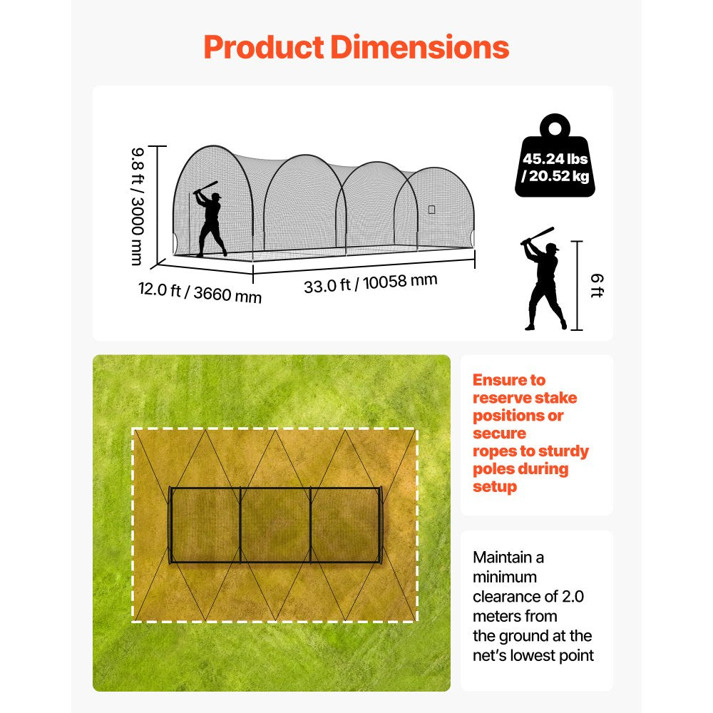 VEVOR Baseball Batting Cage, 33.0 x 12.0 x 9.8 FT Freestanding Hitting Net, for Indoor Outdoor Practice, 4-Ply Knotless Polyester Netting, Pitching Machine Opening, Baseball Hitting Trainer for Team