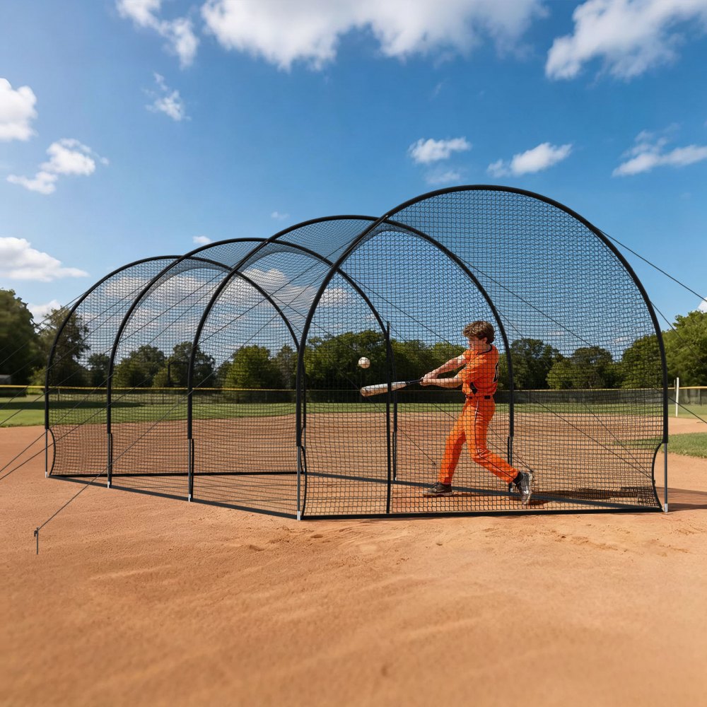 VEVOR Baseball Batting Cage, 33.0 x 12.0 x 9.8 FT Freestanding Hitting Net, for Indoor Outdoor Practice, 4-Ply Knotless Polyester Netting, Pitching Machine Opening, Baseball Hitting Trainer for Team