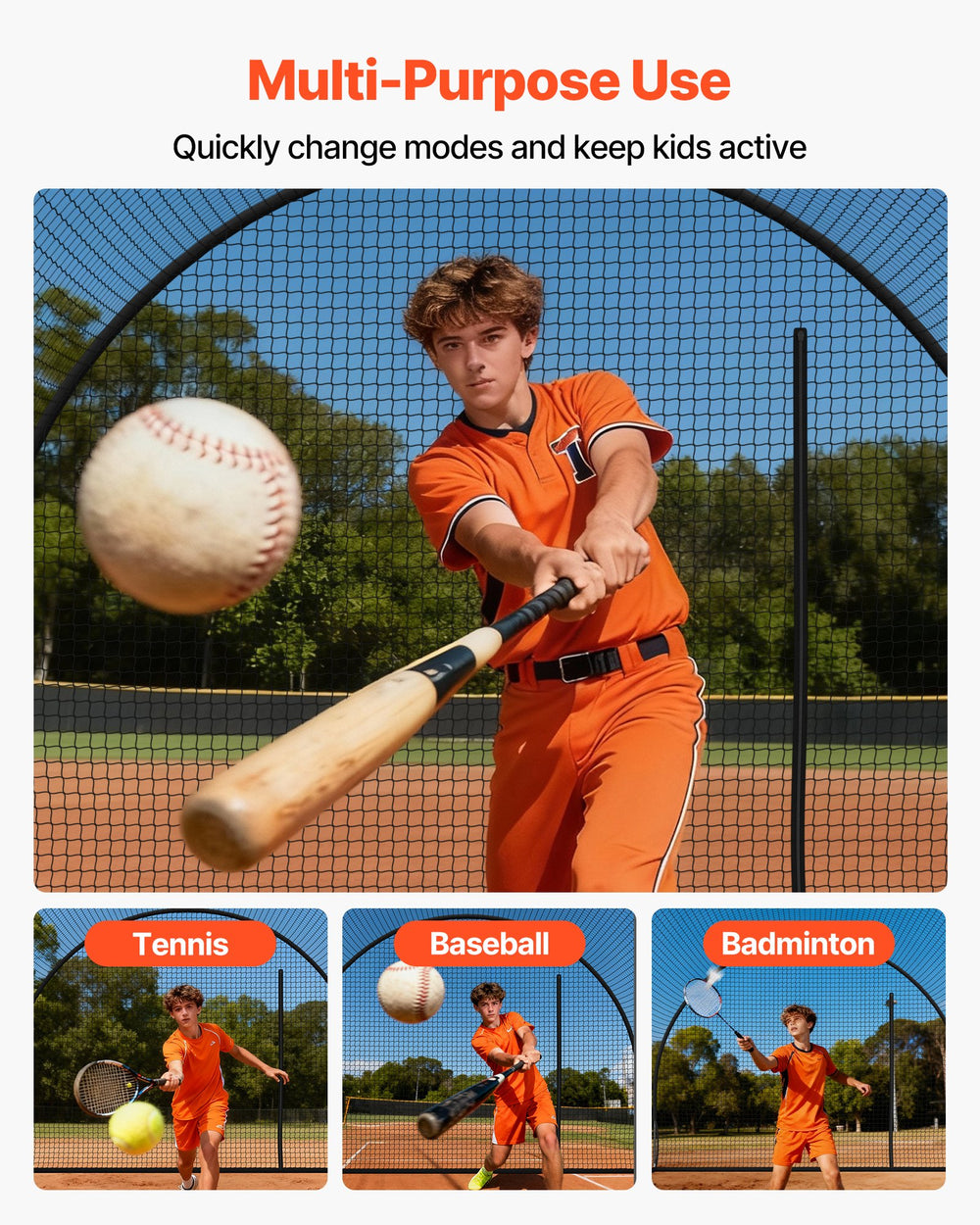 VEVOR Baseball Batting Cage, 40.0 x 12.1 x 10.0 FT Freestanding Portable Batting Cage, Hitting Cages with 4-Ply Knotless Polyester & Pitching Machine Opening, Battings Cages Netting for Indoor Outdoor