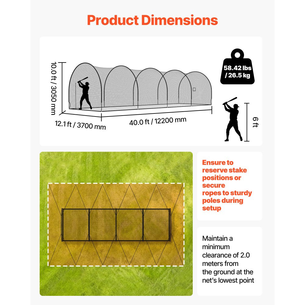 VEVOR Baseball Batting Cage, 40.0 x 12.1 x 10.0 FT Freestanding Hitting Net, for Indoor Outdoor Practice, 4-Ply Knotless Polyester Netting, Pitching Machine Opening, Baseball Hitting Trainer for Team