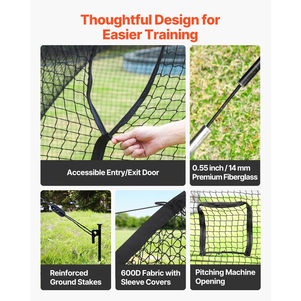 VEVOR Baseball Batting Cage, 40.0 x 12.1 x 10.0 FT Freestanding Hitting Net, for Indoor Outdoor Practice, 4-Ply Knotless Polyester Netting, Pitching Machine Opening, Baseball Hitting Trainer for Team