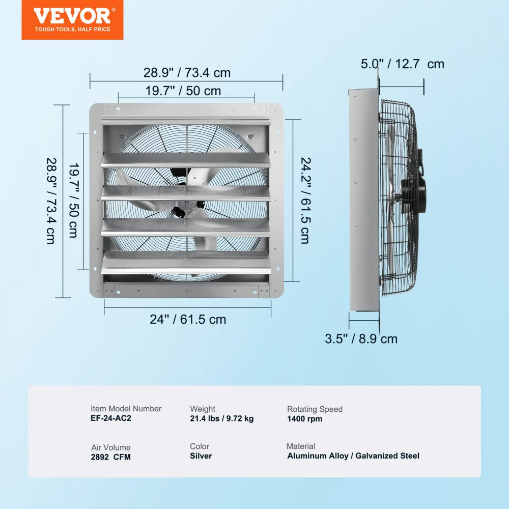 VEVOR 24'' Shutter Exhaust Fan, High-speed 3320 CFM, Aluminum Wall Mount Attic Fan with AC-motor, Ventilation and Cooling for Greenhouses, Garages, Sheds, Shops, FCC