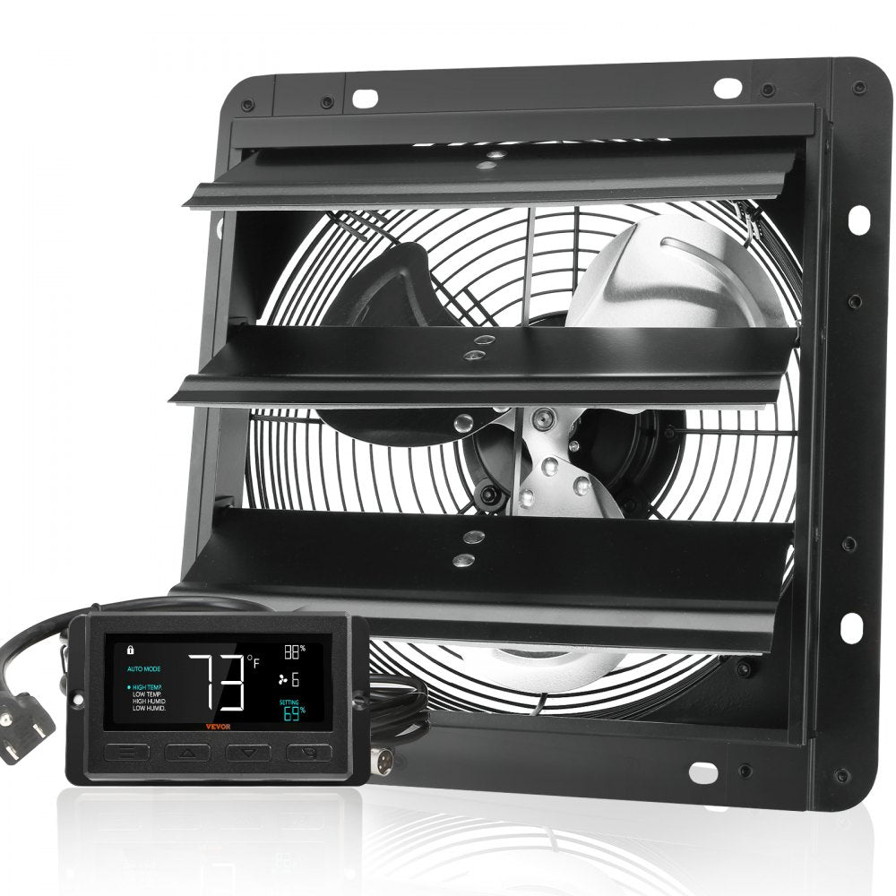 VEVOR Shutter Exhaust Fan, 10'' with Temperature Humidity Controller,  EC-motor, 820 CFM, 10-Speed Adjustable Wall Mount Attic Fan, Ventilation and Cooling for Greenhouses, Garages, Sheds, ETL Listed