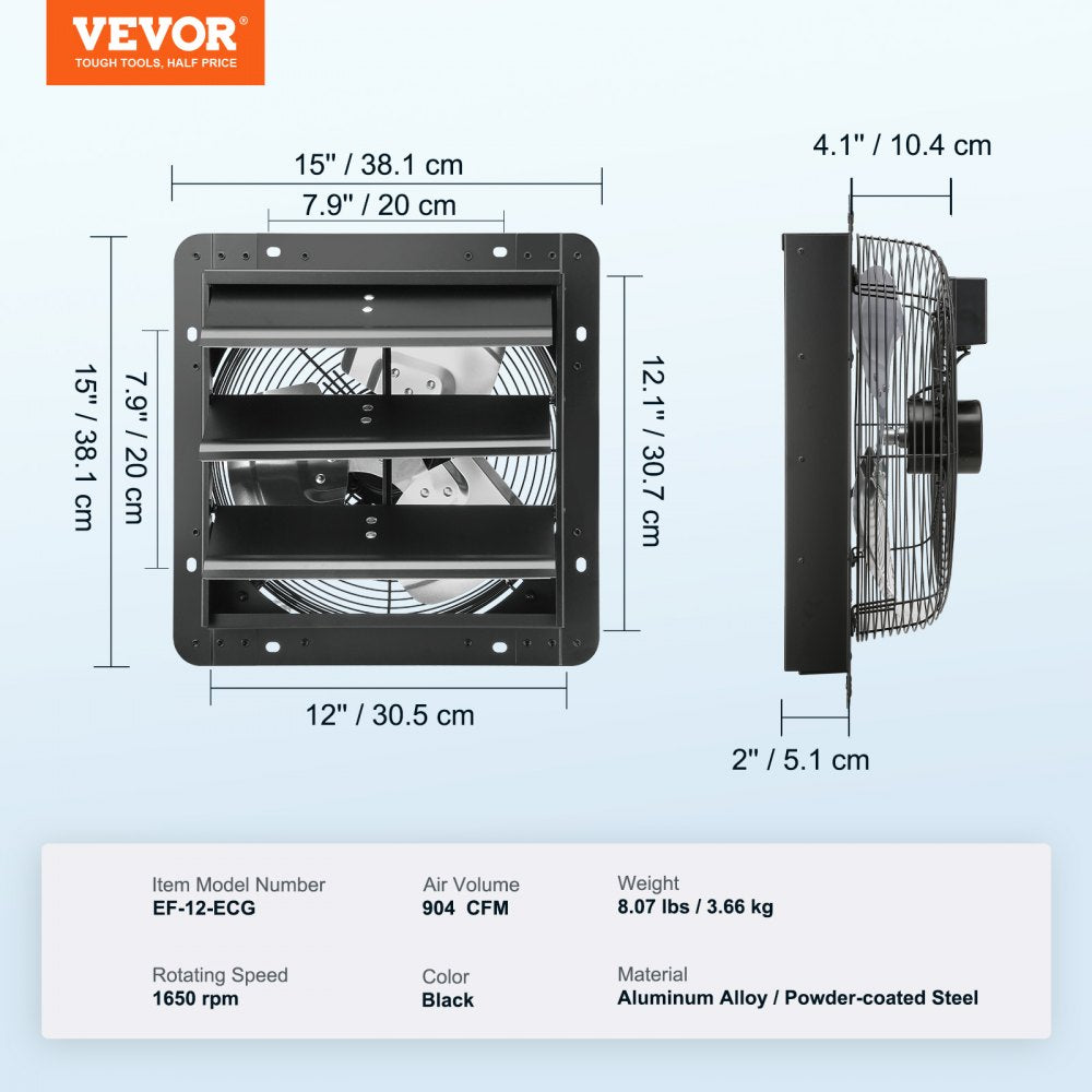 VEVOR Shutter Exhaust Fan, 12'' with Temperature Humidity Controller,  EC-motor, 940 CFM, 10-Speed Adjustable Wall Mount Attic Fan, Ventilation and Cooling for Greenhouses, Garages, Sheds, ETL Listed