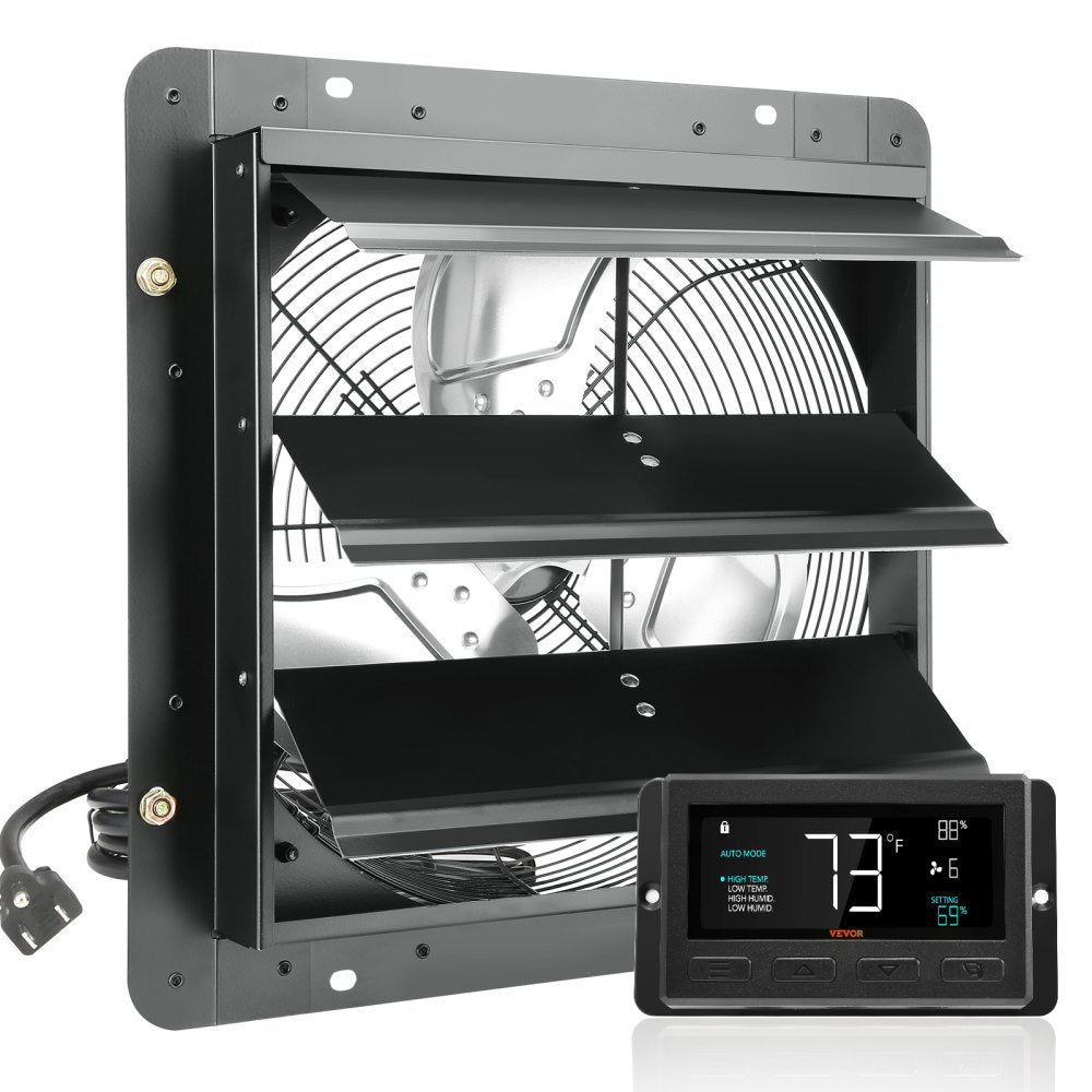VEVOR Shutter Exhaust Fan, 14'' with Temperature Humidity Controller,  EC-motor, 1513 CFM, 10-Speed Adjustable Wall Mount Attic Fan, Ventilation and Cooling for Greenhouses, Garages, Sheds, ETL Listed