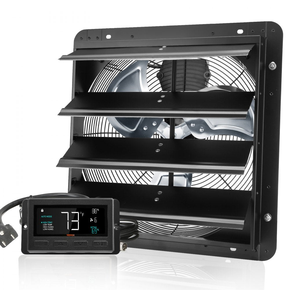 VEVOR Shutter Exhaust Fan, 16'' with Temperature Humidity Controller,  EC-motor, 1550 CFM, 10-Speed Adjustable Wall Mount Attic Fan, Ventilation and Cooling for Greenhouses, Garages, Sheds, ETL Listed