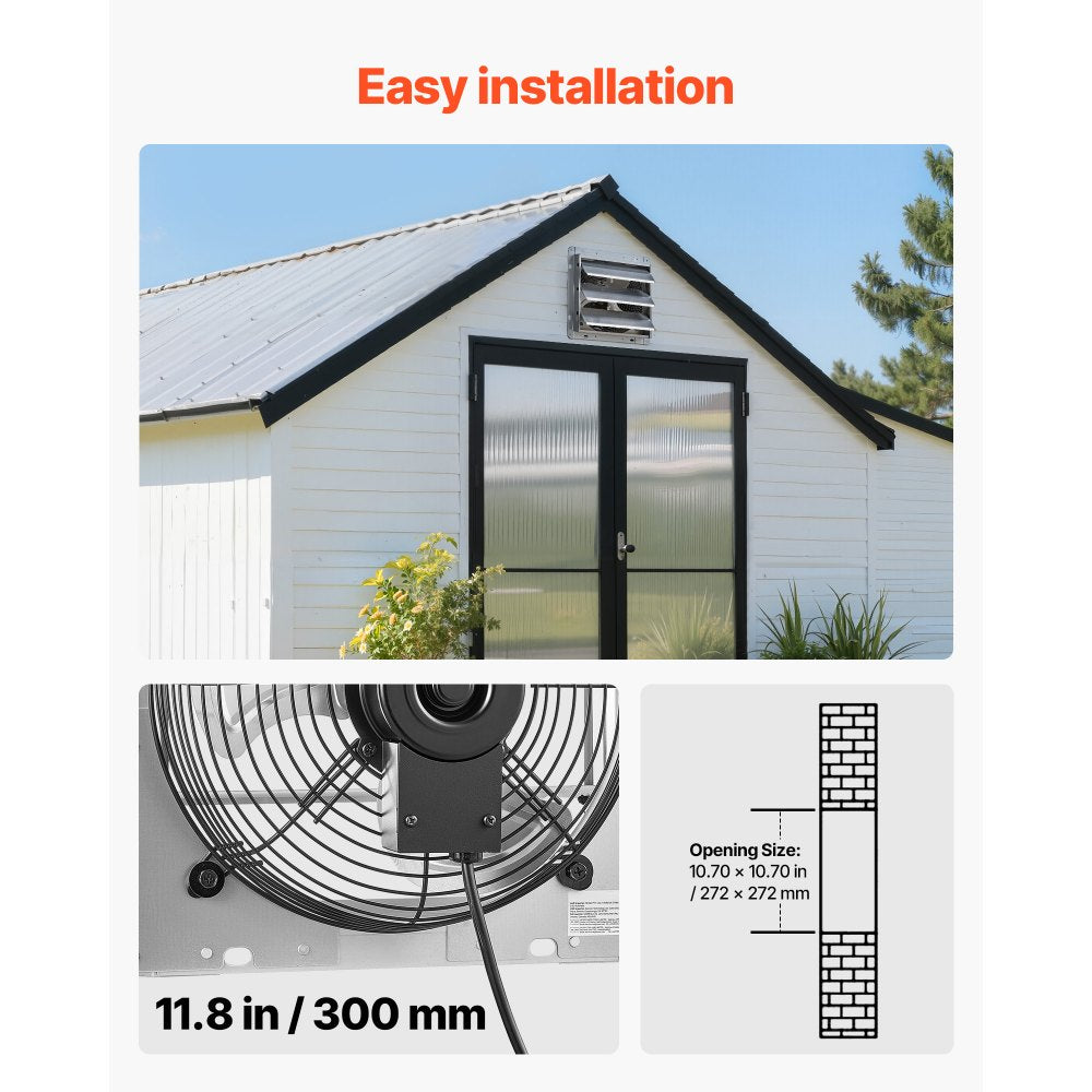 VEVOR 10 Inch Shutter Exhaust Fan Wall Mounted 874 CFM Automatic Louvers, Sturdy Steel Housing, Low Noise, AC Motor, Ventilation and Cooling for Attic, Garage, Barn, Greenhouse, Workshop, Silver