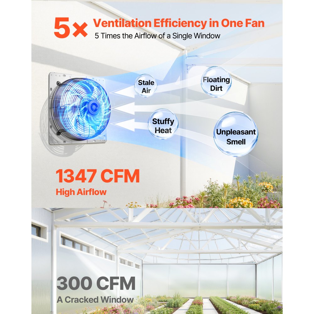 VEVOR 12 Inch Shutter Exhaust Fan Wall Mounted 1347 CFM Automatic Louvers, Sturdy Steel Housing, Low Noise, AC Motor, Ventilation and Cooling for Attic, Garage, Barn, Greenhouse, Workshop, Silver