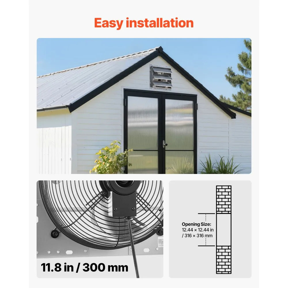 VEVOR 12 Inch Shutter Exhaust Fan Wall Mounted 1347 CFM Automatic Louvers, Sturdy Steel Housing, Low Noise, AC Motor, Ventilation and Cooling for Attic, Garage, Barn, Greenhouse, Workshop, Silver
