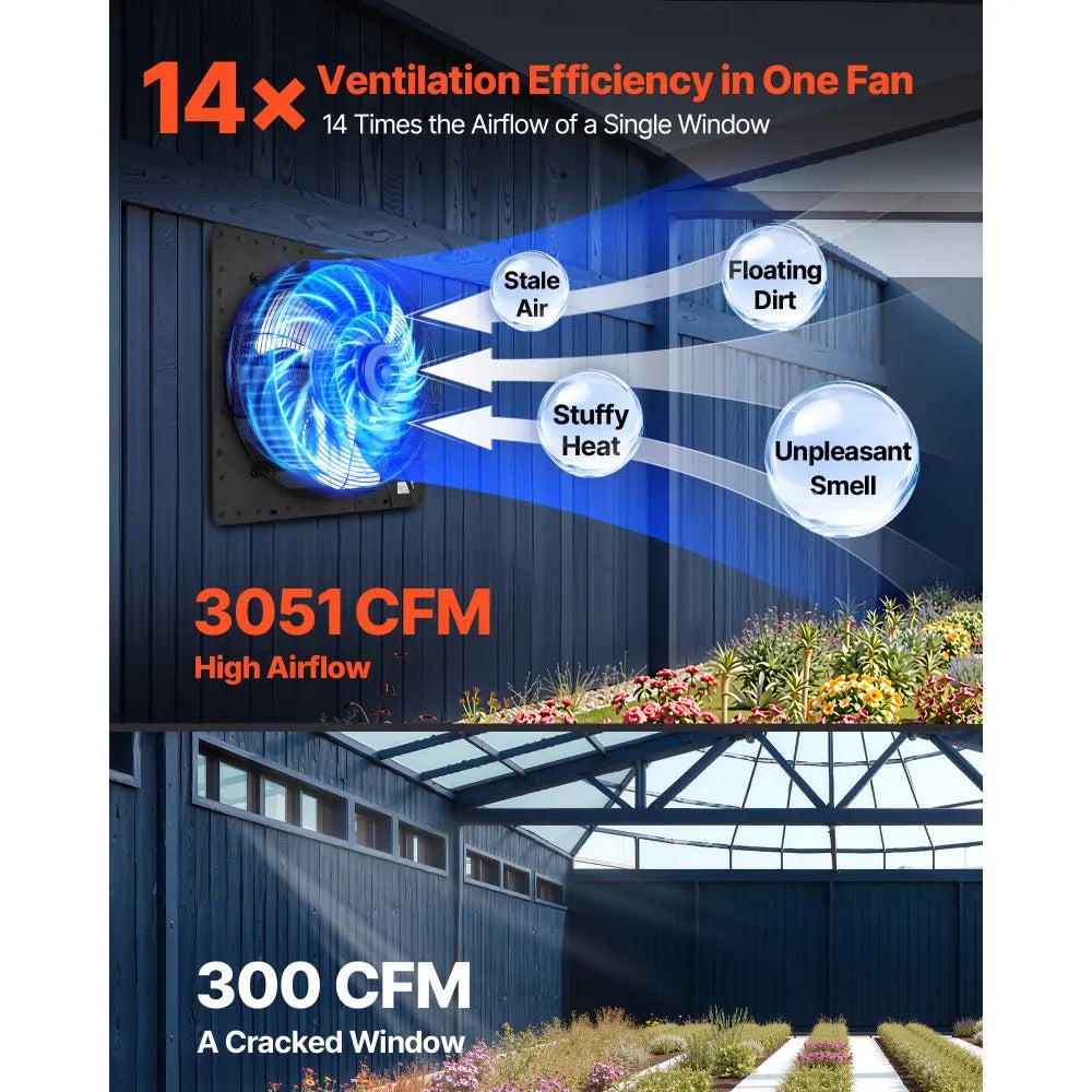VEVOR 18 in Shutter Exhaust Fan Wall-Mount Automatic Louvers Variable Speed, Sturdy Steel Housing, Low Noise, AC Motor, 3051 CFM Ventilation and Cooling for Attic, Garage, Barn, Greenhouse, Workshop