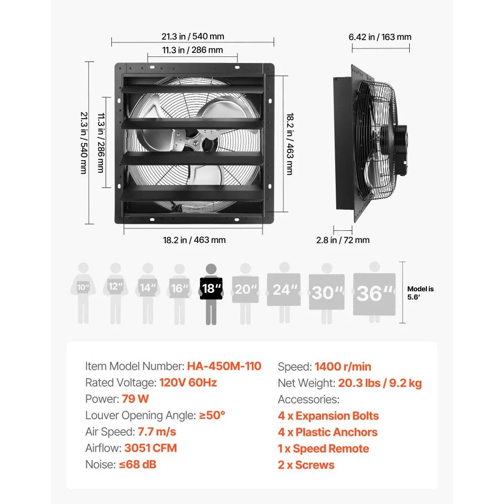 VEVOR 18 in Shutter Exhaust Fan Wall-Mount Automatic Louvers Variable Speed, Sturdy Steel Housing, Low Noise, AC Motor, 3051 CFM Ventilation and Cooling for Attic, Garage, Barn, Greenhouse, Workshop