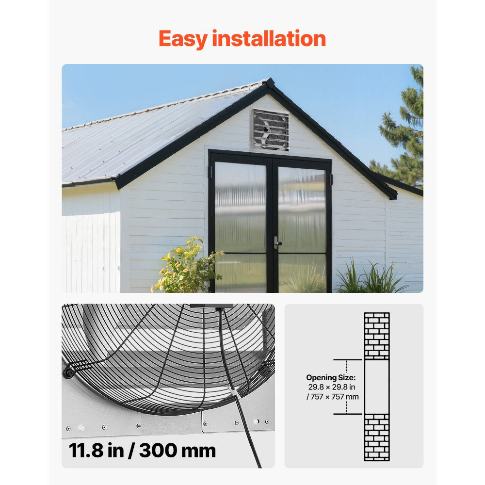 VEVOR 30 Inch Shutter Exhaust Fan Wall Mounted Automatic Louvers Silver, Sturdy Steel Housing, Low Noise, AC Motor, 8099 CFM Ventilation and Cooling for Attic, Garage, Barn, Greenhouse, Workshop