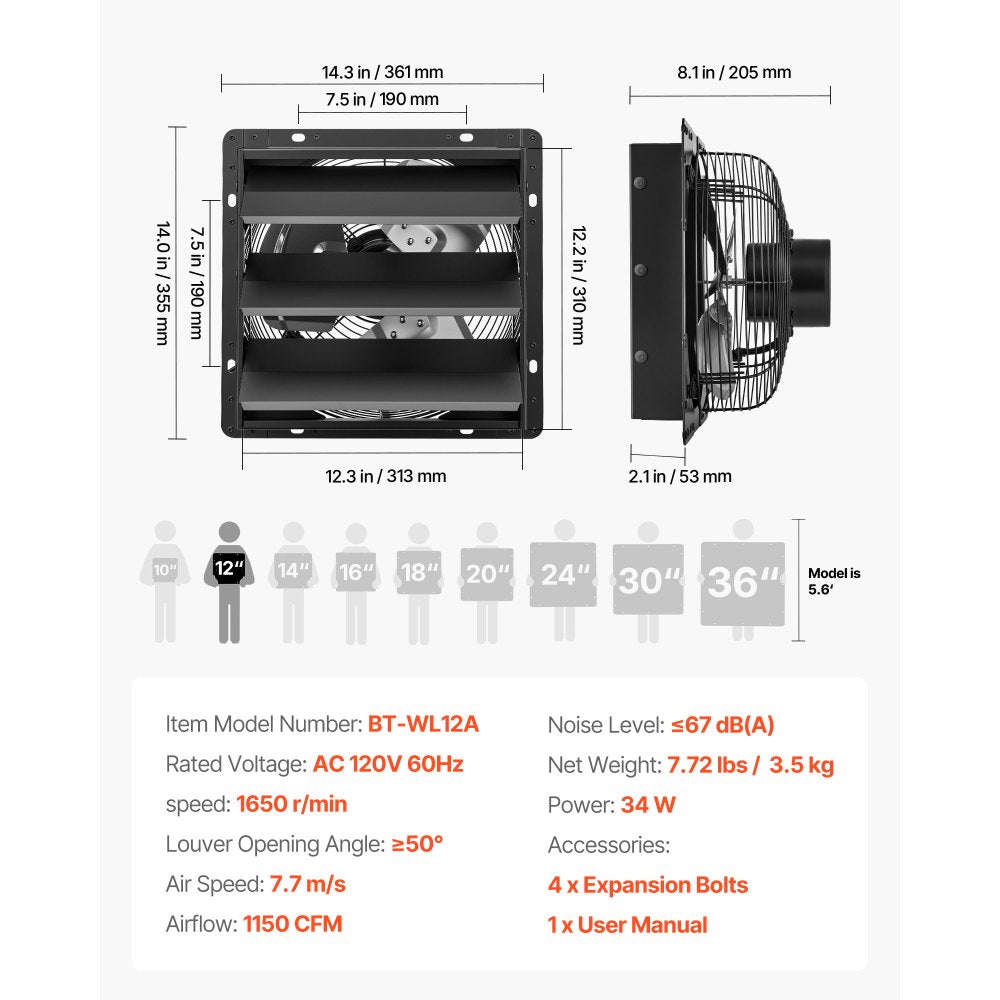 VEVOR 12 Inch Shutter Exhaust Fan Wall Mounted Automatic Louvers EC Motor, Steel Housing, Temperature & Humidity Controller, Ventilation & Cooling for Attic, Garage, Barn, Greenhouse, Workshop, Black