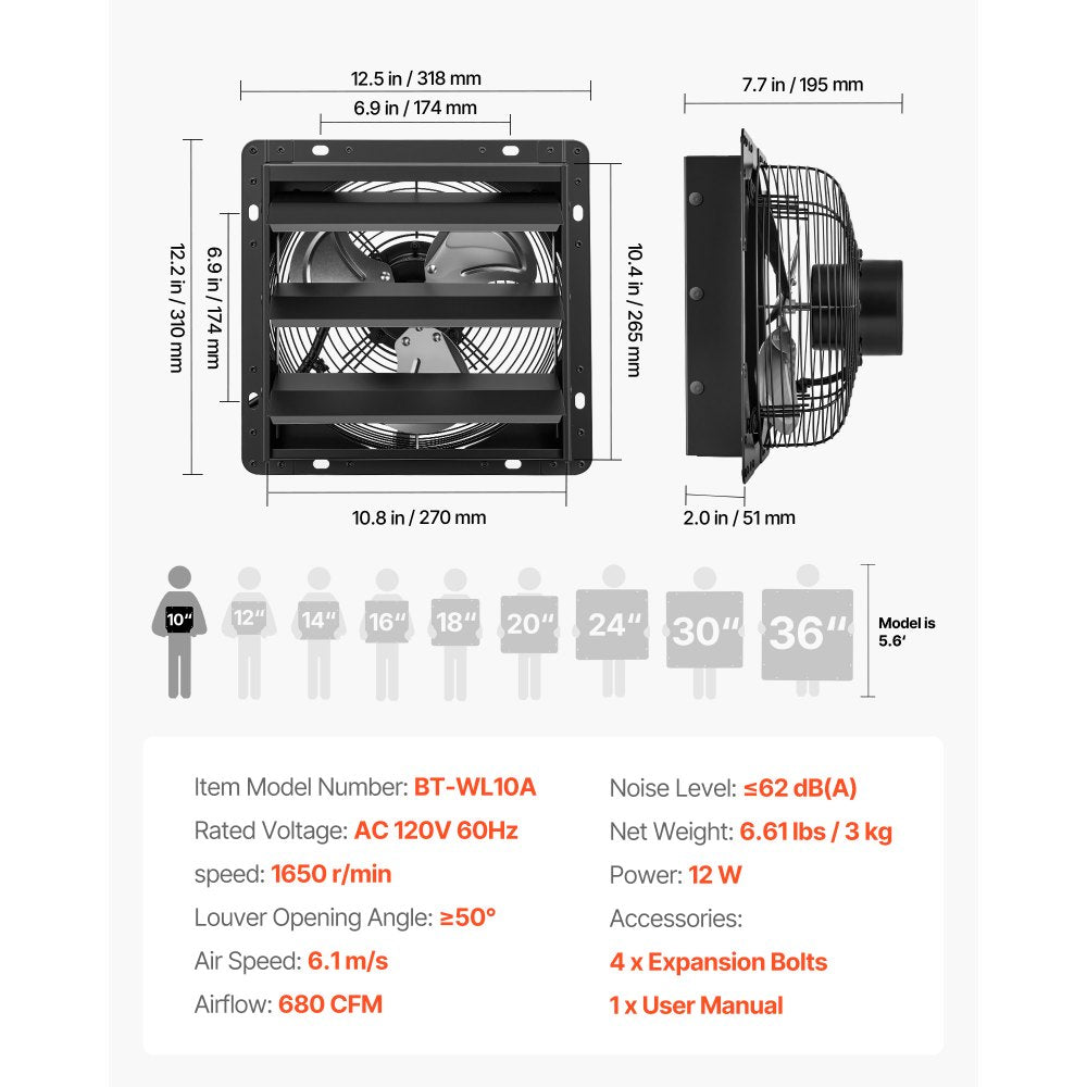 VEVOR 10 Inch Shutter Exhaust Fan Wall Mounted Automatic Louvers EC Motor, Steel Housing, Temperature & Humidity Controller, Ventilation & Cooling for Attic, Garage, Barn, Greenhouse, Workshop, Black