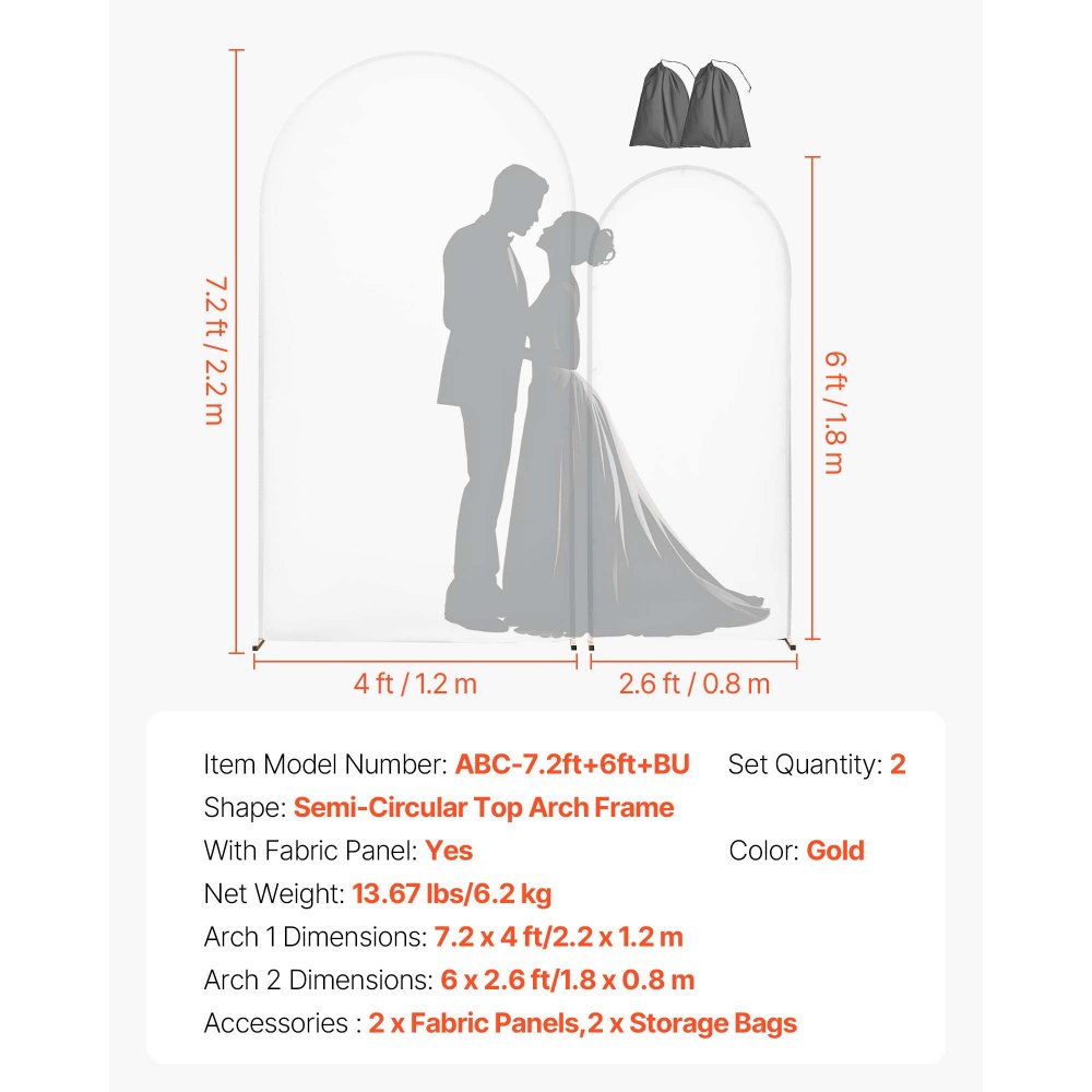 VEVOR Arch Backdrop Stand, Set of 2, 7.2 ft and 6 ft, Stable Structure, Easy Assembly, Gold Metal Arch Backdrop Stand with Cover for Wedding, Birthday Party, Celebration, and Ceremony Decoration