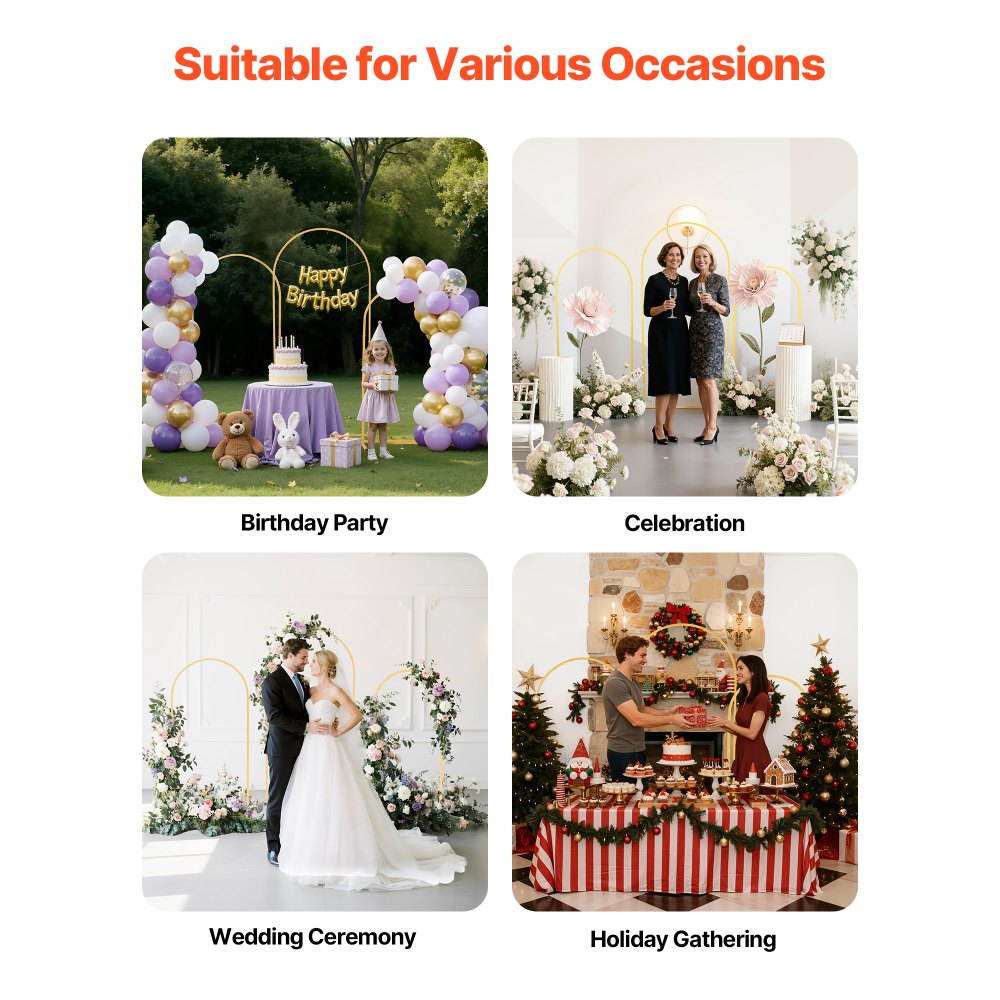 VEVOR Arch Backdrop Stand, Set of 3, 6/5/4 ft, Stable Structure, Easy Assembly, Gold Metal Arch Backdrop Stand for Wedding, Birthday Party, Graduation, Holiday Celebration, and Ceremony Decoration