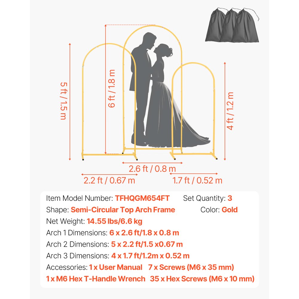VEVOR Arch Backdrop Stand, Set of 3, 6/5/4 ft, Stable Structure, Easy Assembly, Gold Metal Arch Backdrop Stand for Wedding, Birthday Party, Graduation, Holiday Celebration, and Ceremony Decoration