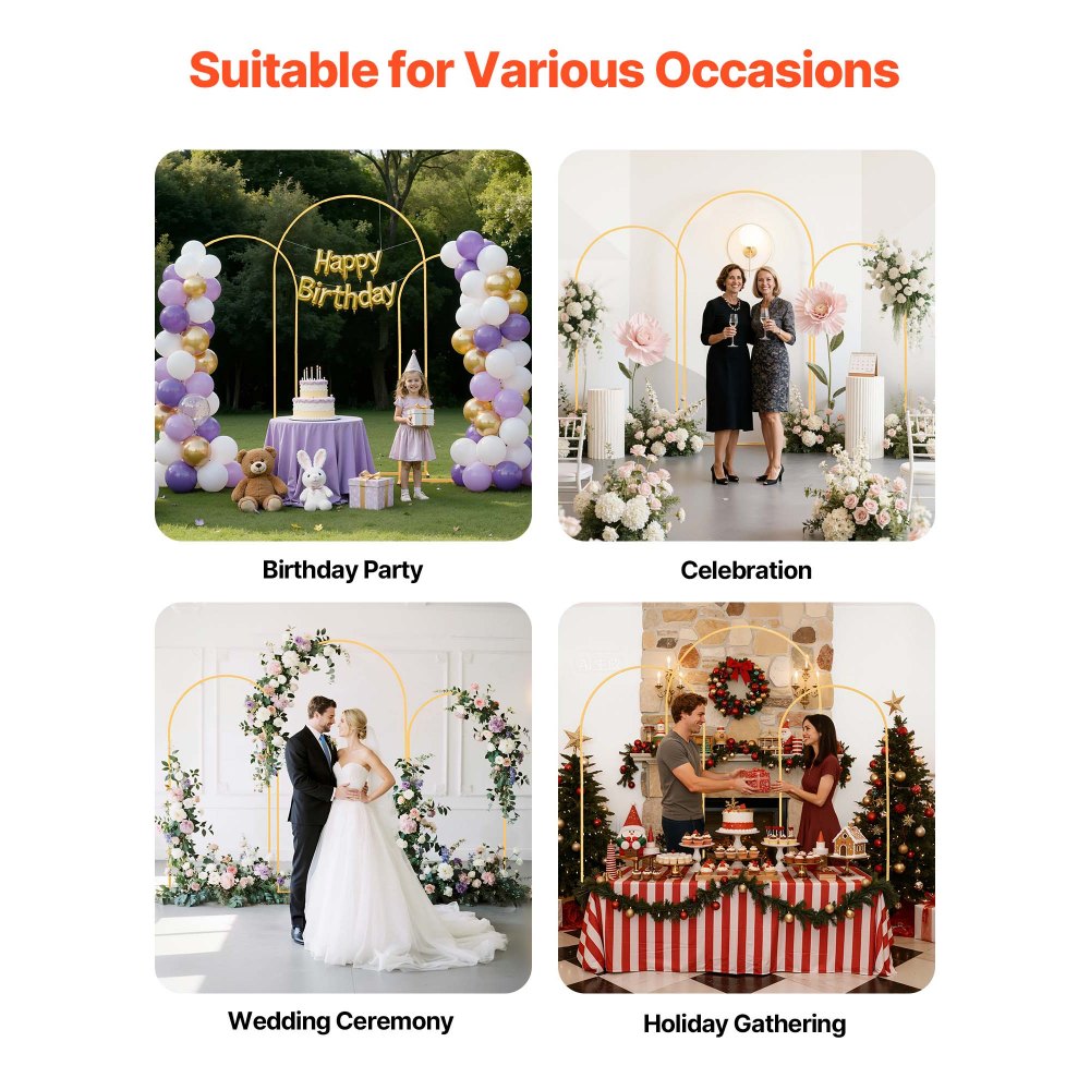 VEVOR Arch Backdrop Stand, Set of 3, 7.2/6.6/6 ft, Stable Structure, Easy Assembly, Gold Metal Arch Backdrop Stand for Wedding, Birthday Party, Graduation, Holiday Celebration, and Ceremony Decoration