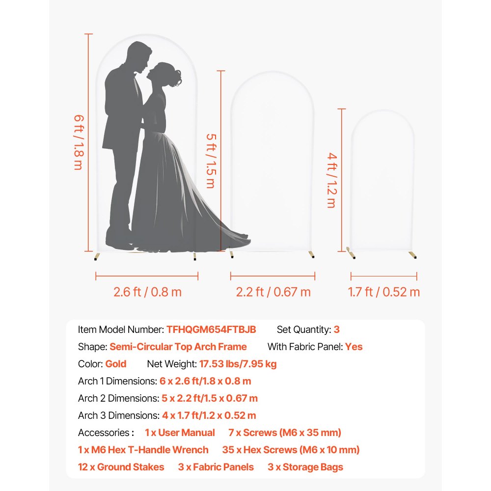VEVOR Arch Backdrop Stand, Set of 3, 6/5/4 ft, Stable Structure, Easy Assembly, Gold Metal Arch Backdrop Stand with Cover, for Wedding, Birthday Party, Graduation, Celebration, and Ceremony Decoration