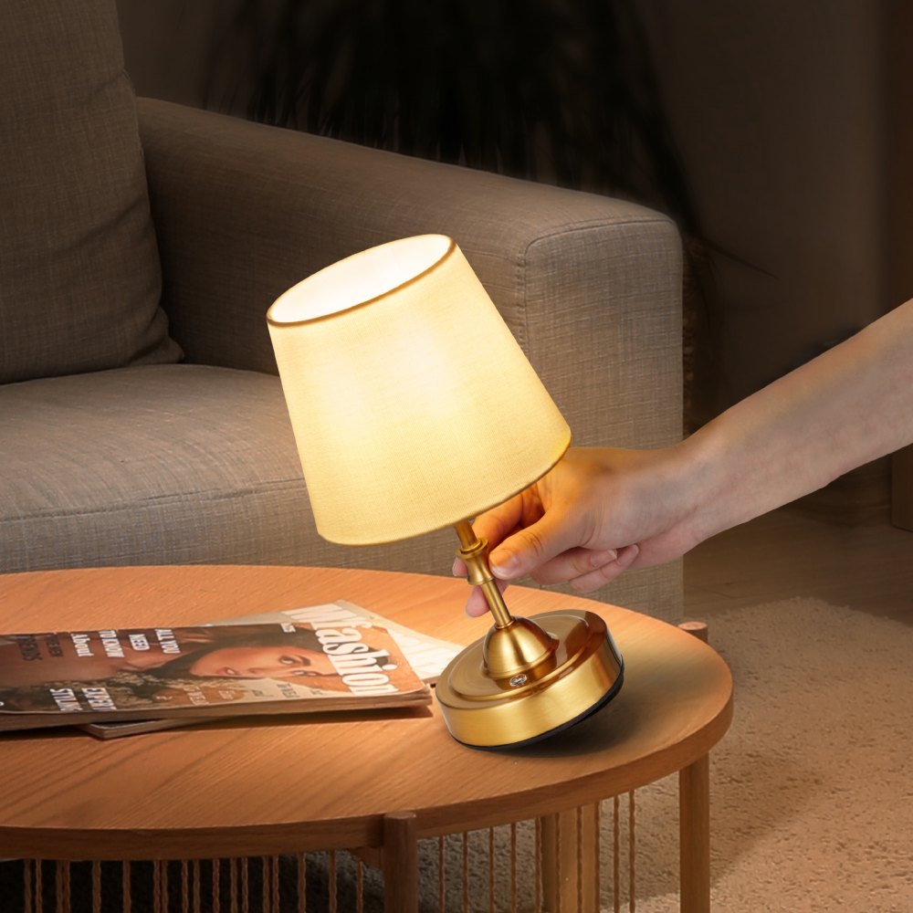 VEVOR Cordless Table Lamp, 5200mAh Built-in Rechargeable Battery Small Desk Lamp, 3-Level Brightness, Fabric Shade, 2700-3000K Color Temperature, Table Light for Restaurant, Bedroom, Bars, Gold