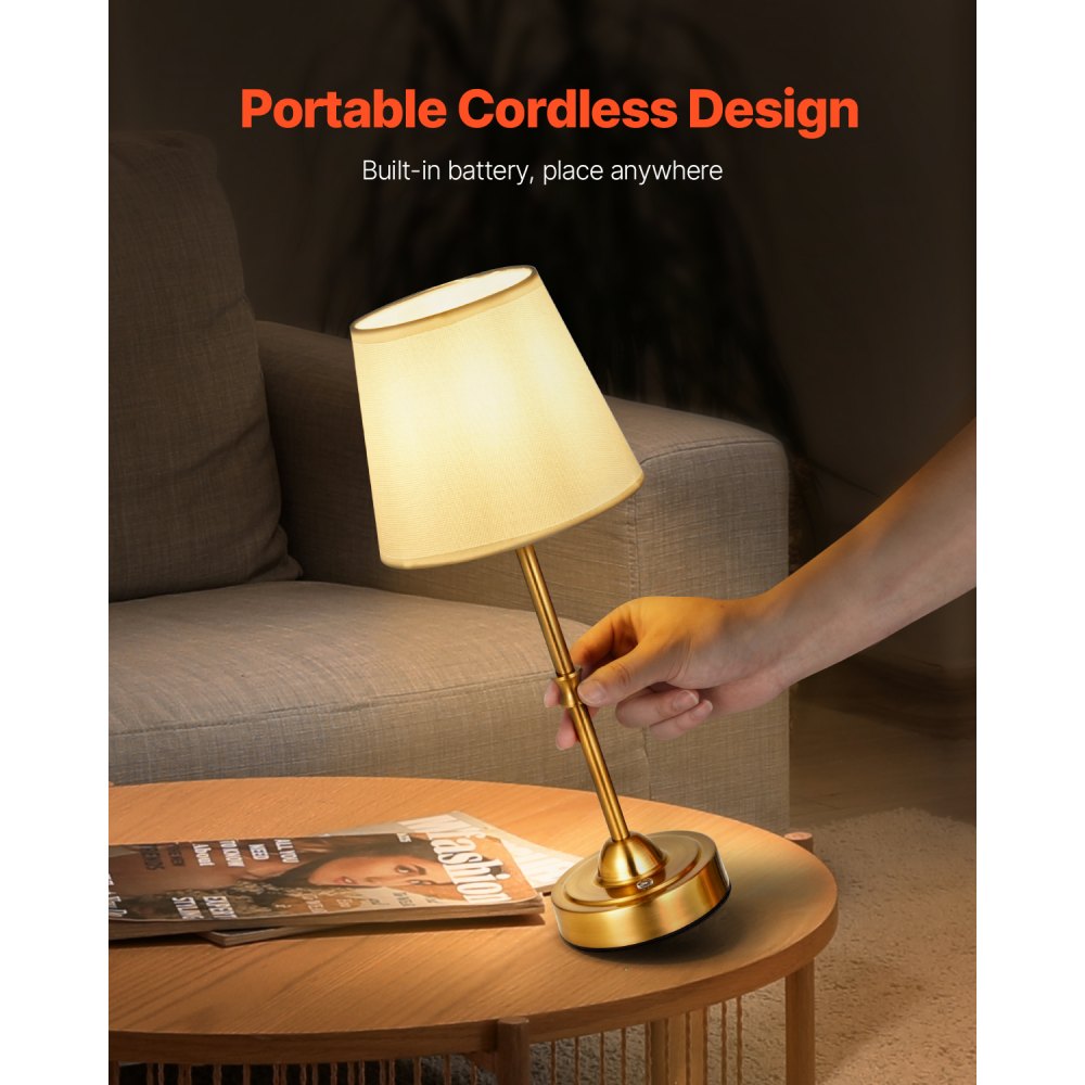 VEVOR Cordless Table Lamp, 5200mAh Built-in Rechargeable Battery Desk Lamp, 3-Level Brightness, Fabric Shade, 2700-3000K Color Temperature, Table Light for Restaurant, Bedroom, Bar Counter, Gold