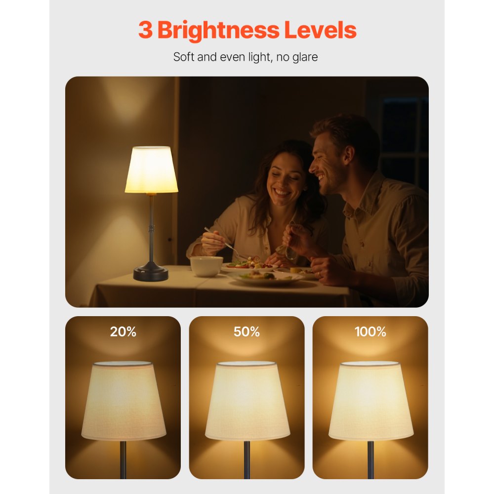 VEVOR Cordless Table Lamp, 5200mAh Built-in Rechargeable Battery Desk Lamp, 3-Level Brightness, Fabric Shade, 2700-3000K Color Temperature, Table Light for Restaurant, Bedroom, Bar Counter, Black
