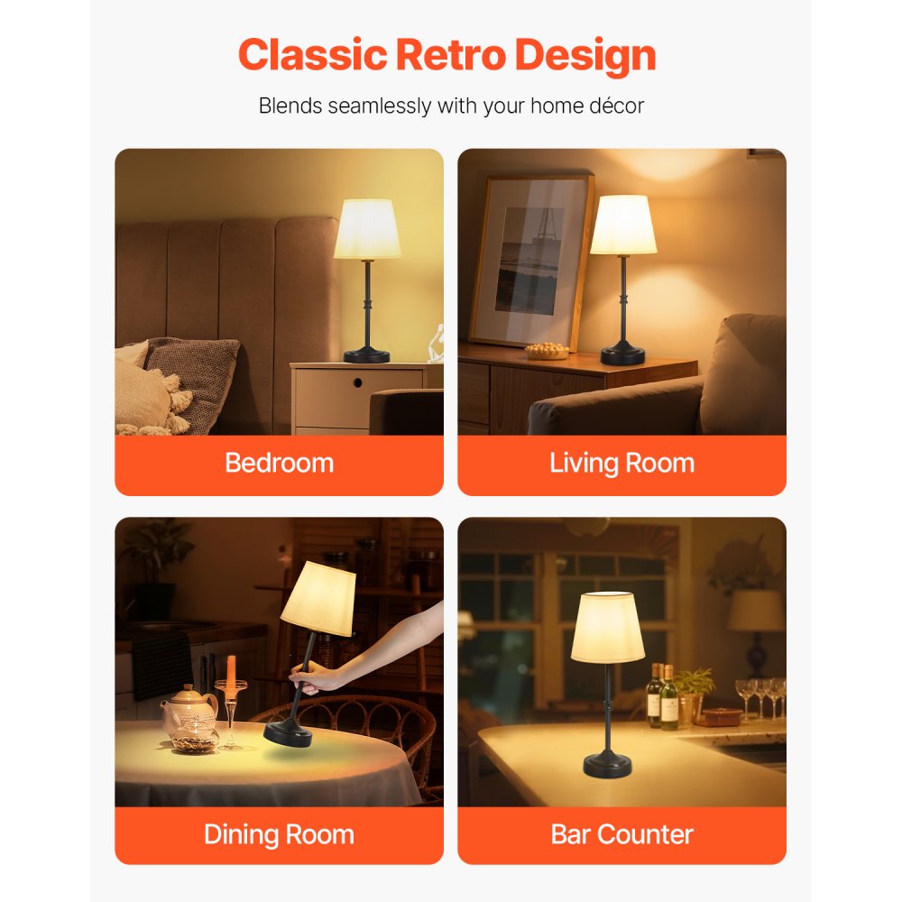 VEVOR Cordless Table Lamp, 5200mAh Built-in Rechargeable Battery Desk Lamp, 3-Level Brightness, Fabric Shade, 2700-3000K Color Temperature, Table Light for Restaurant, Bedroom, Bar Counter, Black