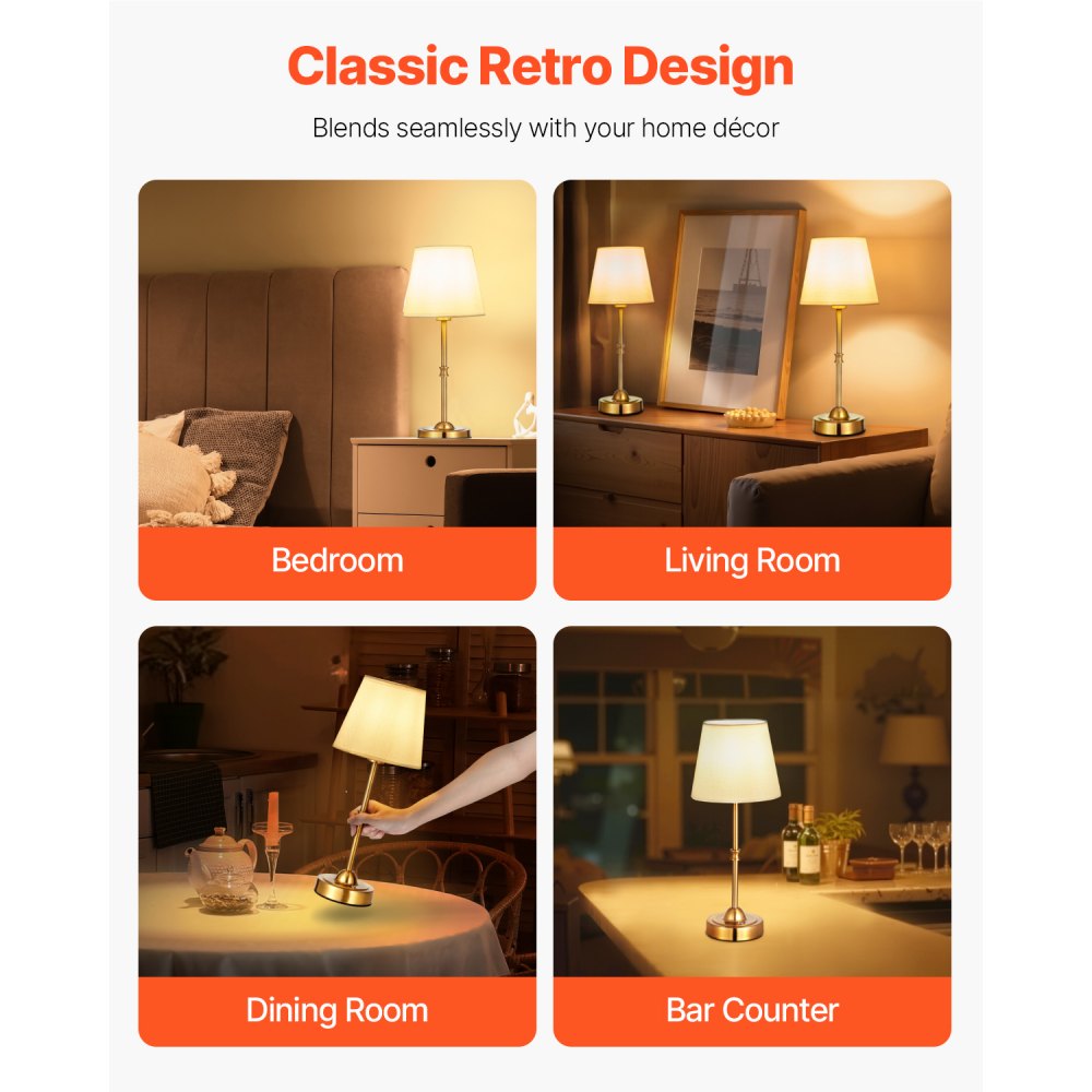 VEVOR Cordless Table Lamp, 2 Pack, 5200mAh Built-in Rechargeable Battery Desk Lamp, 3-Level Brightness, Fabric Shade, 2700-3000K Color Temperature, Table Light for Restaurant, Bedroom, Bars, Gold