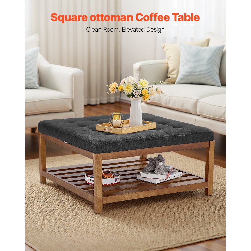 VEVOR Large Square Ottoman Coffee Table, 34.5 Inch Tufted Coffee Table with Solid Wood Shelf Storage, Linen Solid Upholstered Footrest Ottoman for Bedroom Living Room, 400 LBS, Dark Gray
