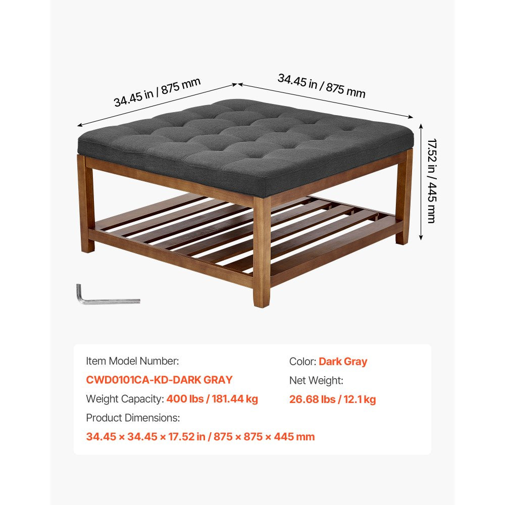 VEVOR Large Square Ottoman Coffee Table, 34.5 Inch Tufted Coffee Table with Solid Wood Shelf Storage, Linen Solid Upholstered Footrest Ottoman for Bedroom Living Room, 400 LBS, Dark Gray