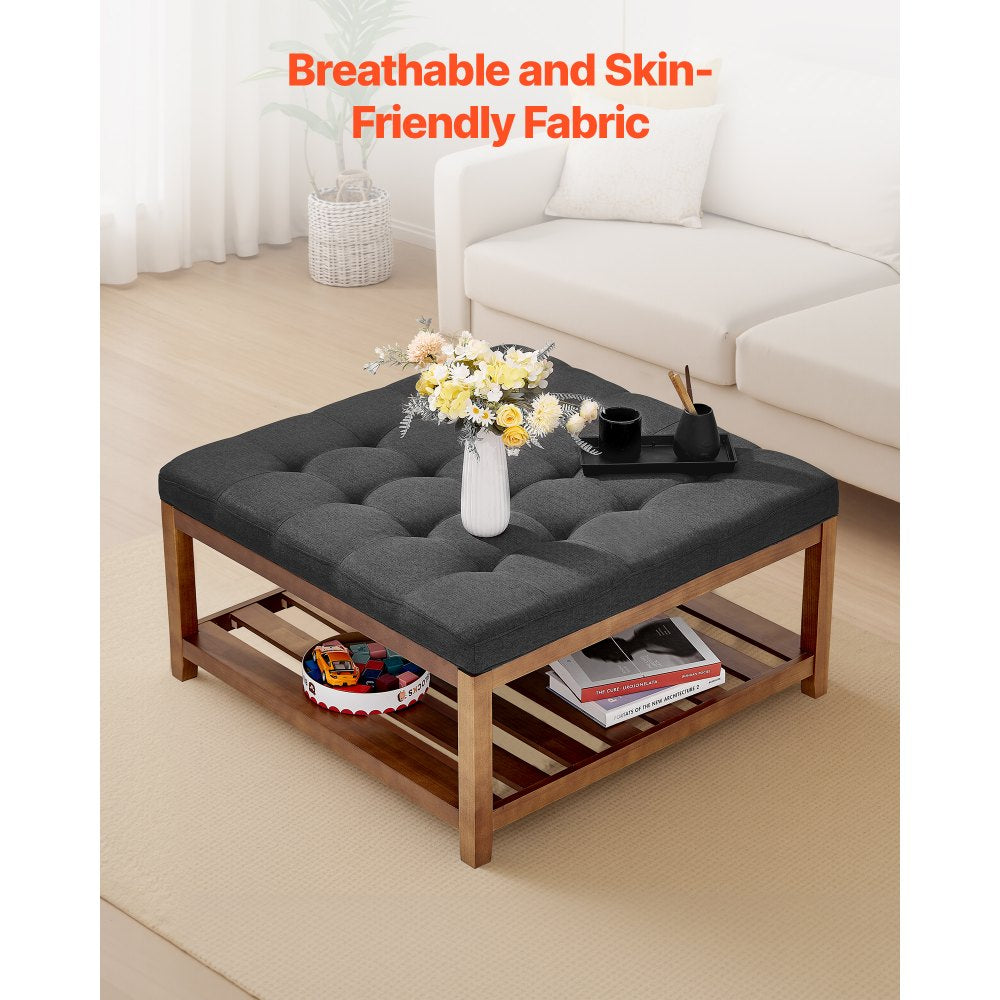 VEVOR Large Square Ottoman Coffee Table, 34.5 Inch Tufted Coffee Table with Solid Wood Shelf Storage, Linen Solid Upholstered Footrest Ottoman for Bedroom Living Room, 400 LBS, Dark Gray
