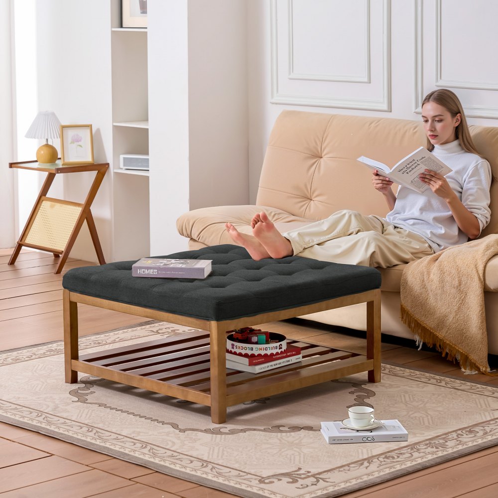 VEVOR Large Square Ottoman Coffee Table, 34.5 Inch Tufted Coffee Table with Solid Wood Shelf Storage, Linen Solid Upholstered Footrest Ottoman for Bedroom Living Room, 400 LBS, Dark Gray