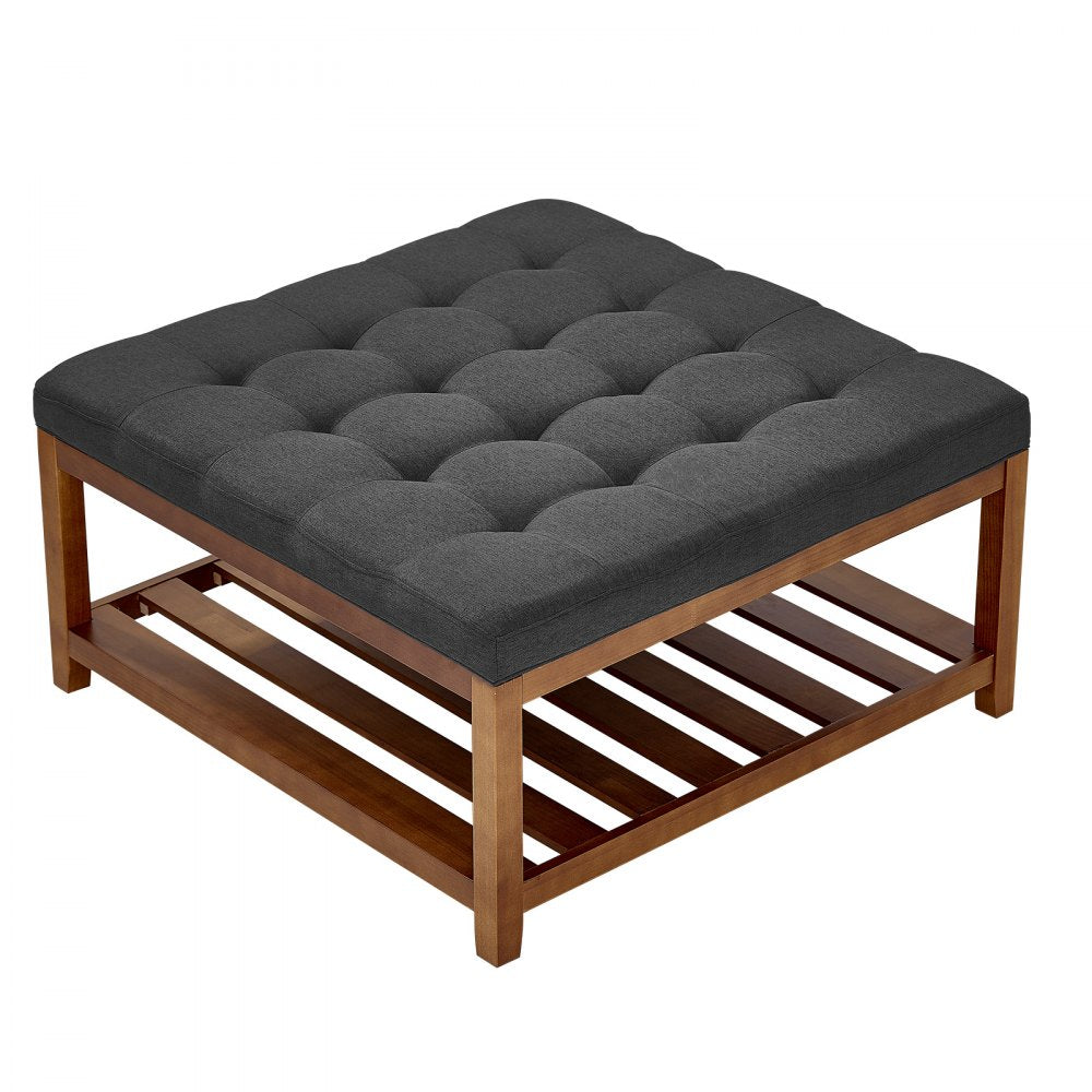 VEVOR Large Square Ottoman Coffee Table, 34.5 Inch Tufted Coffee Table with Solid Wood Shelf Storage, Linen Solid Upholstered Footrest Ottoman for Bedroom Living Room, 400 LBS, Dark Gray