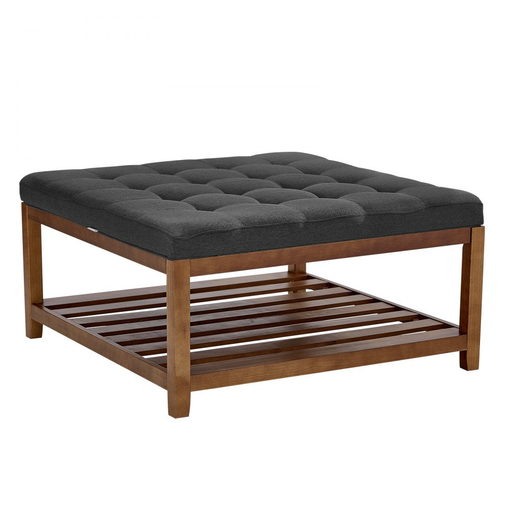 VEVOR Large Square Ottoman Coffee Table, 34.5 Inch Tufted Coffee Table with Solid Wood Shelf Storage, Linen Solid Upholstered Footrest Ottoman for Bedroom Living Room, 400 LBS, Dark Gray